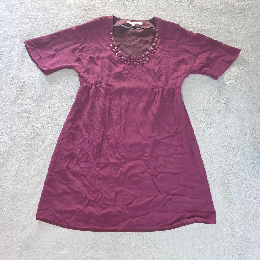 Boden Burgundy Viscose Embellished Bead Neck Empire Waist Side Zip Dress US 6R